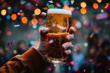 person holding  glass of beer with confetti falling