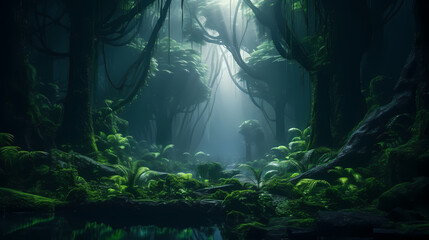 Obraz premium Forest landscape, exotic foggy forest