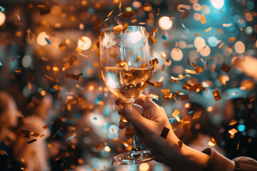 person holding  glass of wine with confetti falling