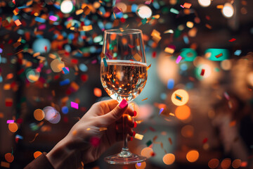 person holding glass of champagne with confetti falling