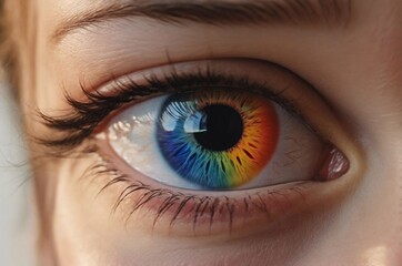 Close up cropped view of woman's eye with iridescent pupil