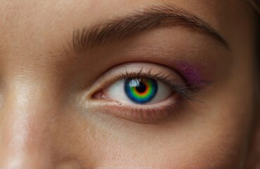 Close up cropped view of woman's eye with iridescent pupil