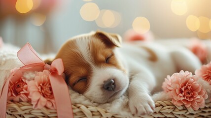 A sleeping puppy with a sorbet-colored ribbon in a basket under soft spring light