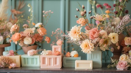 A sorbet spring color inspired artisanal soap display with floral accents