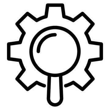 earch Service and Control Sign. Maintenance of Factory Mechanism Cogwheel Symbol Collection. Magnifying Glass with Gears