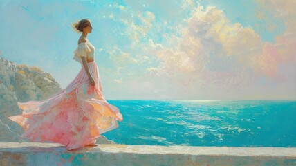 Fototapeta na wymiar Adorned in a dress that flows with the hues of spring's sorbet, she watches the pastel ocean beyond