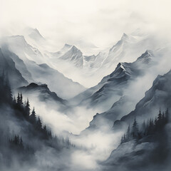 mountains landscape with clouds old chinese drawing misty peak