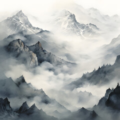 landscape with clouds old chinese drawing misty peak