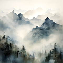 Misty Peaks Soft washes and muted tones evoke the mysterious and ethereal beauty of mountains shrouded in mist - obrazy, fototapety, plakaty