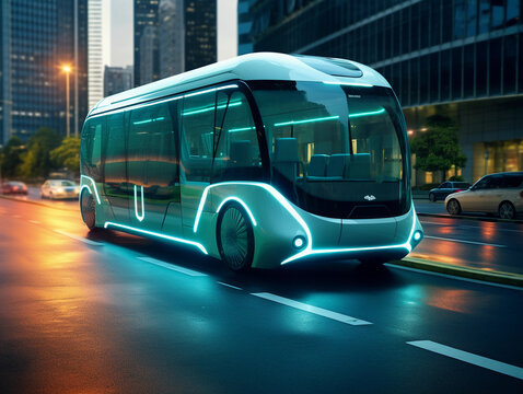 The concept of a modern bus without a driver of the future. A prototype of a bus driving on a city street with zero exhaust emissions 