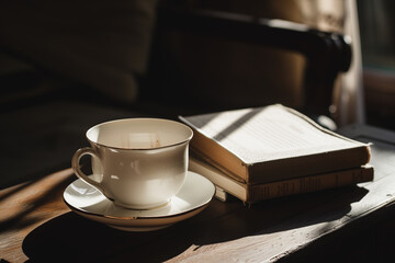 белая чашка из-под кофе и стопка книг в теплом солнечном свете
