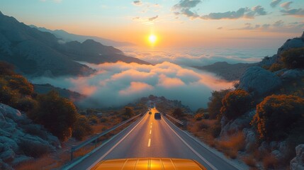Psaka, Epirus, Greece, sunrise view of vehicles on a highway with low clouds and fog. - obrazy, fototapety, plakaty