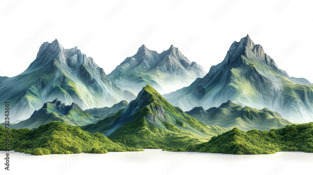 Poster Forest mountains collection on white background. Isolated green mountains. 3d illustration.