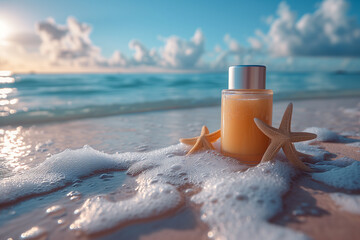 container with cosmetic or sunscreen and starfish on a beautiful sandy beach