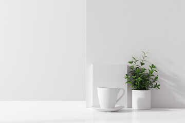 белая комната с растением, empty clean white wall, book and cups and saucer mockup