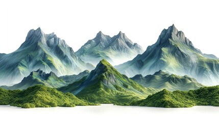 Forest mountains collection on white background. Isolated green mountains. 3d illustration.