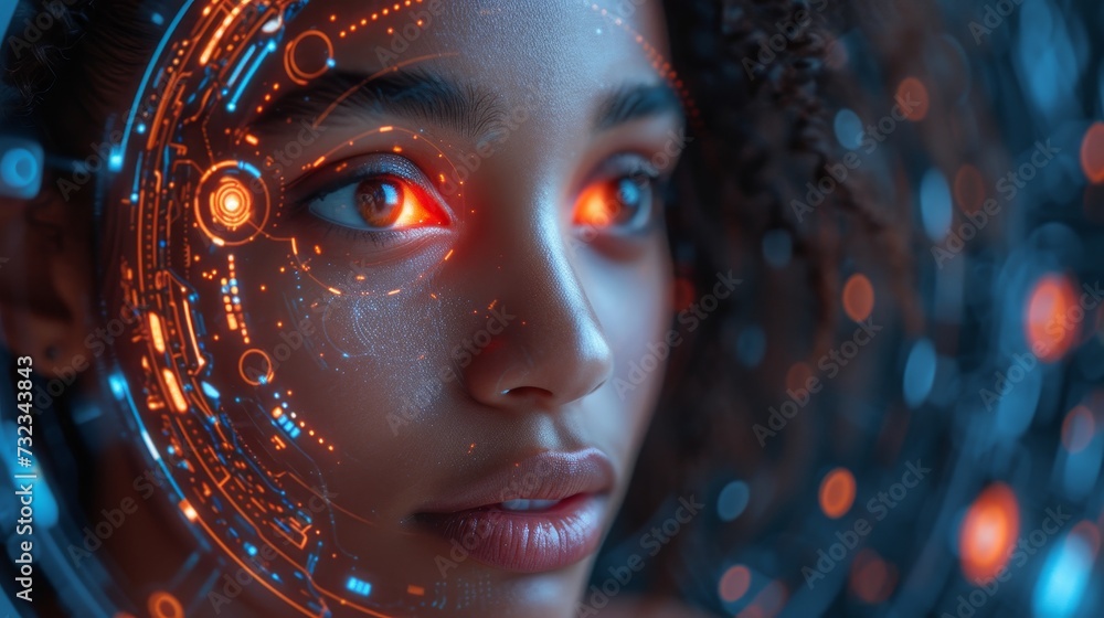 Poster The image depicts a young black woman operating a holographic screen and a wide angle view of the global communication network.