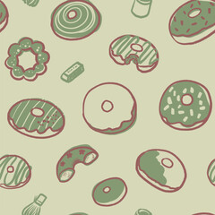 Hand drawn donut vintage color seamless pattern