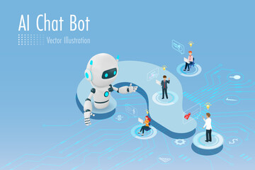 Ai chat robot answer smart solution to users on question mark sign. Artificial intelligence robotics and chatbot technology influence in worldwide trends. Vector Illustration.