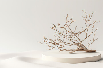 mockup, podium and dry tree twigs branch with white sand beach on white background. 3d rendering illustration