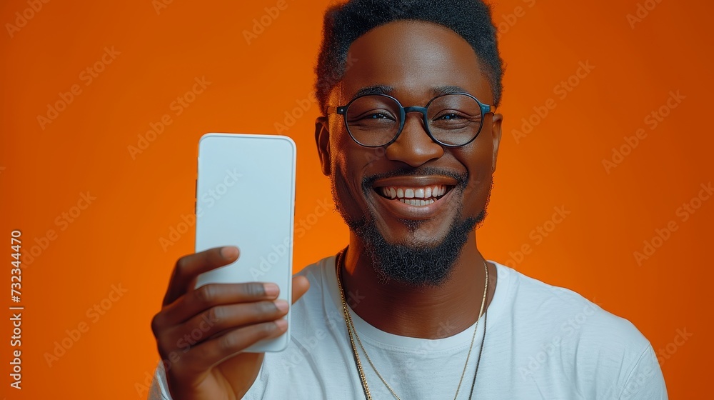 Aufkleber handsome excited man posing over orange studio background, pointing at white empty smartphone screen