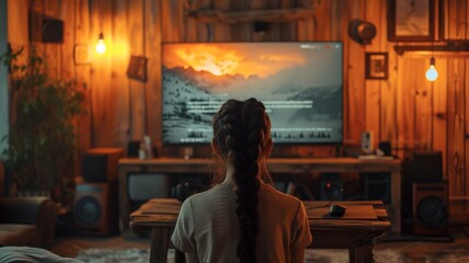 A girl watching TV at home, AI generated