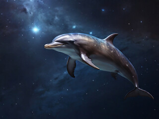 Dolphin Floating in Space on Starry Night Sky
