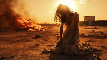 girl on fire against the backdrop of a destroyed city war tragedy external danger of the soul a woman lying on the ground sitting in a dress destruction of a calm and happy life fire in the background