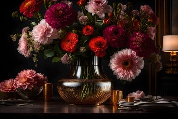 A  stunning close-up view of a vase filled with vibrant flowers on a beautifully set dining table. 