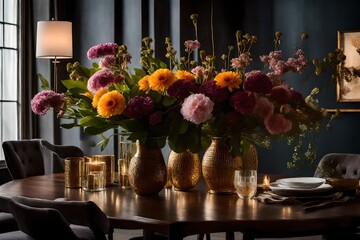 A  stunning close-up view of a vase filled with vibrant flowers on a beautifully set dining table. 