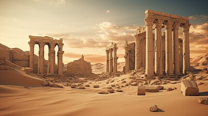 Ancient ruins in desert. Greek or Roman city on Middle Eastern and Mediterranean landscape. - obrazy, fototapety, plakaty
