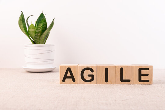 Word AGILE written on wooden cubes on a light background