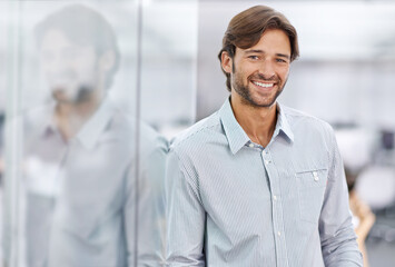 Businessman, portrait and smile in office building with confidence attorney for client trust,...