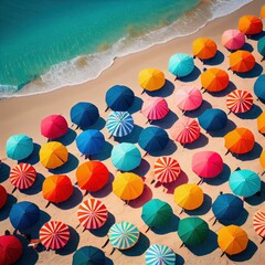 Fototapeta na wymiar AI generated illustration of colorful umbrellas dotting a sunny beach shore, with a glistening ocean