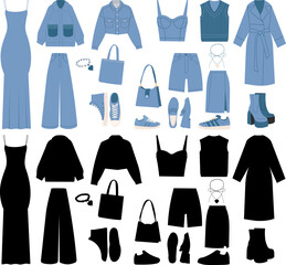set of blue women's clothing on a white background vector