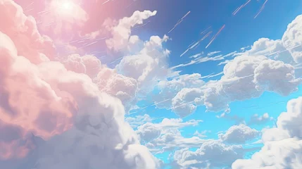 Photo sur Plexiglas Rose clair Pastel clouds in drawing style. Manga Cartoon cloudscape, beautiful landscape and summer sky