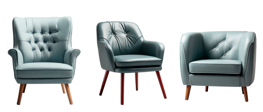 3 different chairs, armchairs on a transparent background, super realistic photo, contrasting colors