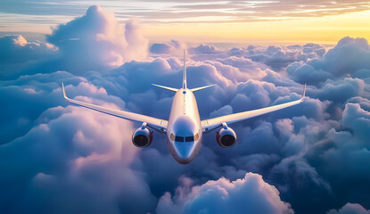 Airplane flying over the clouds, Airplane Flying High, light sunset, blue purple yellow light, game resources, Atmosphere, wide background wallpaper