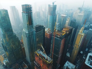 Naklejka premium Aerial perspective of a city skyline with new skyscrapers under construction