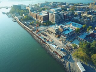 Bird's-eye view of a waterfront redevelopment project in progress