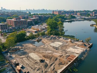 Bird's-eye view of a waterfront redevelopment project in progress