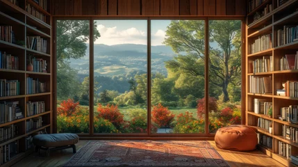 Foto op Canvas Warm inviting scenic home office library with expansive view of nature in golden hour sunlight. Rustic wood bookshelf in cozy decorated room. Virtual online zoom presentation meeting room background. © Andrea