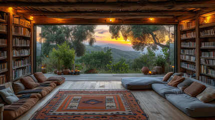 sunset bookshelf background interior retirement home office library study window of trees and mountains hills backdrop. Rustic wood bookshelves in room. Virtual online presentation teams meeting room