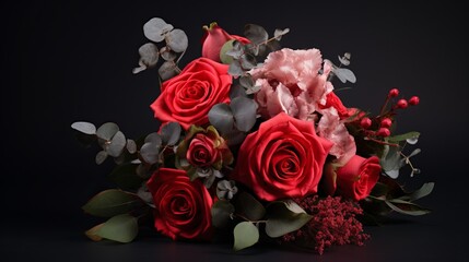 Bouquet of flowers with rose leaves