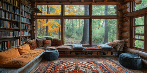 Cabin bookshelf background interior retirement home office library study window of Fall trees forest backdrop. Rustic wood bookshelves in room. Virtual online presentation meeting room background.