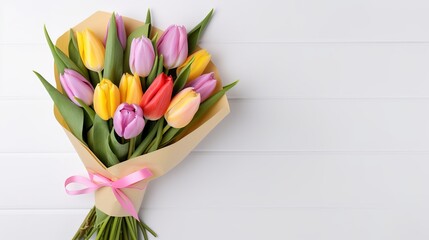 Bouquet of spring tulips with different color flowers wrapped in paper for present  isolated on white background