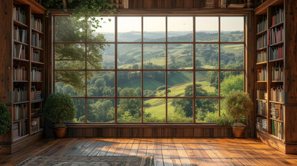 scenic bookshelf background interior home office library study with window views of trees and rolling hills teams backdrop. Rustic wood in cozy room. Virtual online presentation meeting room.