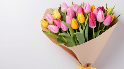 Bouquet of spring tulips with different color flowers wrapped in paper for present  isolated on white background