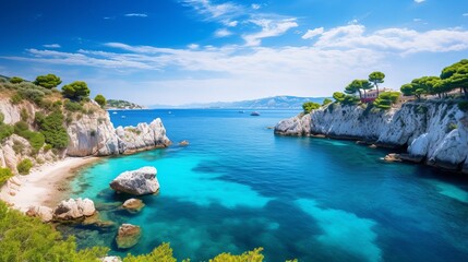 Fototapeta na wymiar Bright spring view of the Cameo Island. Picturesque morning scene on the Port Sostis, Zakinthos island, Greece, Europe. Beauty of nature concept background