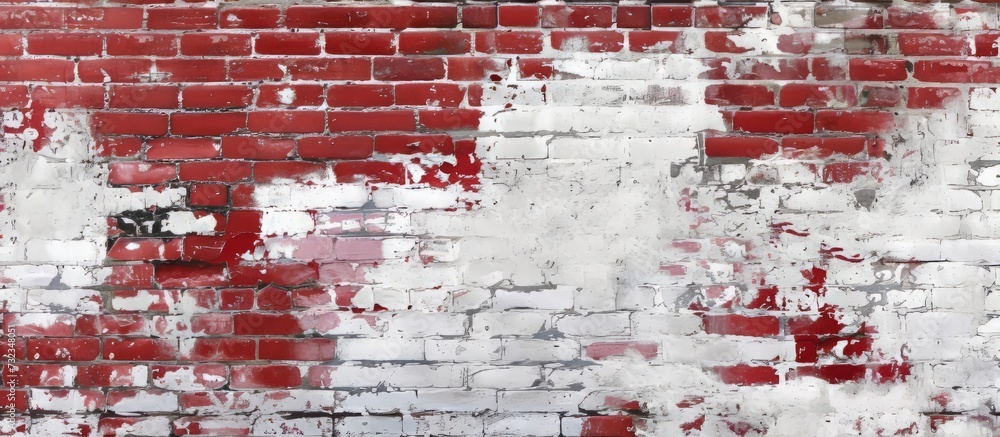 Aufkleber a building material, brick, forms a patterned wall with peeling paint in red and white. the textured